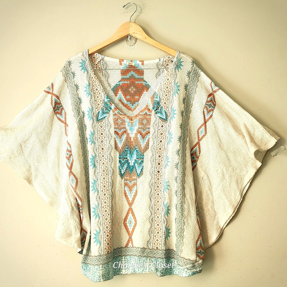 Aztek Print Sequin Beach Poncho Top OS Pastel Southwestern Dolman Boho Flowy